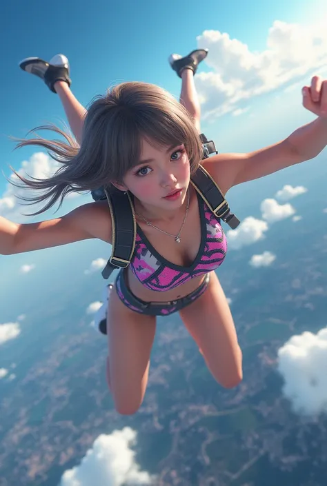 Fantastic aerial combat scene，1. Girls Skydiving，Deep V Set，Shorts, Panoramic View，Anatomically correct，Above the knee portrait，Ultra-realistic ，Reflective and dispersion materials. Light and light dispersion，High detail,high quality