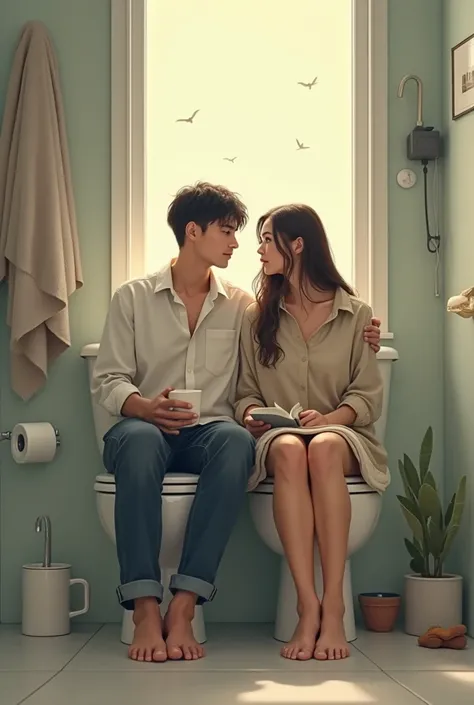 Someone sits on a toilet with chilling with his girlfriend 