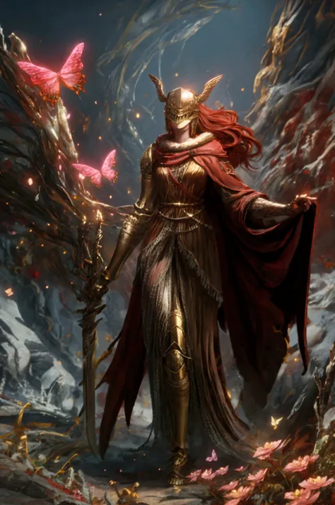 wide shot,score_9, score_7_up, lap pillow, lying, standing, approach the camera slowly,
Malenia, cursed_left_arm,
winged helmet,
red cape,
right hand grip large blade,malenia_blade,
covered eyesarmor, cape, winged helmet, brown dress, red hair, covered eye...