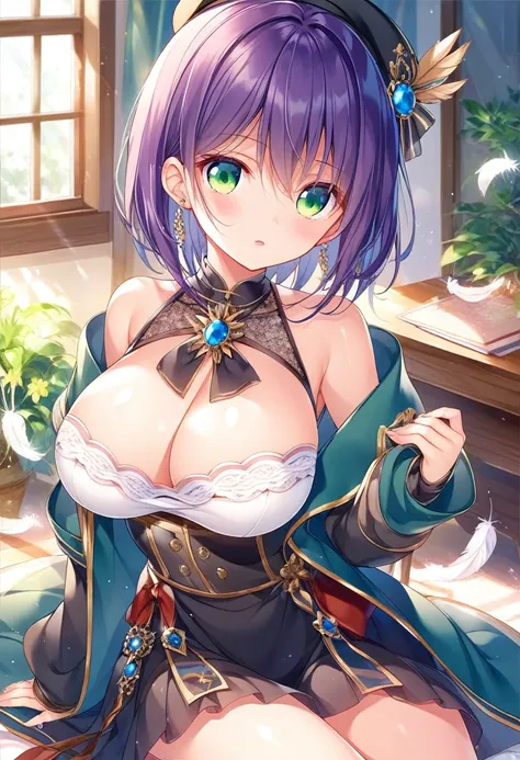 クールビューティーなbeautiful girl、Purple Hair、Bob Short Hair、Green Eyes、Large Breasts、Cry、Sharp Eyes、Gentle expression、、beautiful girl、Beautiful eyelashes、Beautiful high school girl、Black military dress、The black beret has a cute white feather on it.