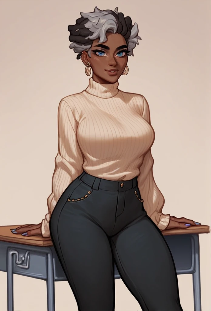 melody, african american adult woman, long gray hair. wearing a beige sweater and black pants. is in the classroom, big tist. pe...