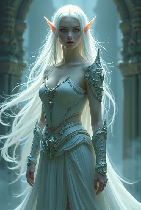 ((best quality)), ((masterpiece)), (detailed), elf, girl, ghost, translucent, white hair, ghostly, armour, noble, regal, powerful