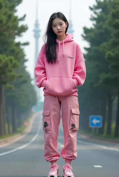 beautiful young Korean woman, smooth white skin, well-groomed face, black and pink hair, pink knit hoodie, pink cargo pants, sneakers decorated with large waterfall and tree motifs.
, smiling expression, twin towers highway background, tall trees, realisti...