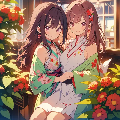 kawaii, anime, Cute, hyper quality, highly detailed, 8k, Clarity, Draw facial expressions in detail, Girl with long dark brown hair and green eyes, red salvia flowers, planta salvia, whole body, love, smile, A young smiling girl with pale pink scarlet eyes...