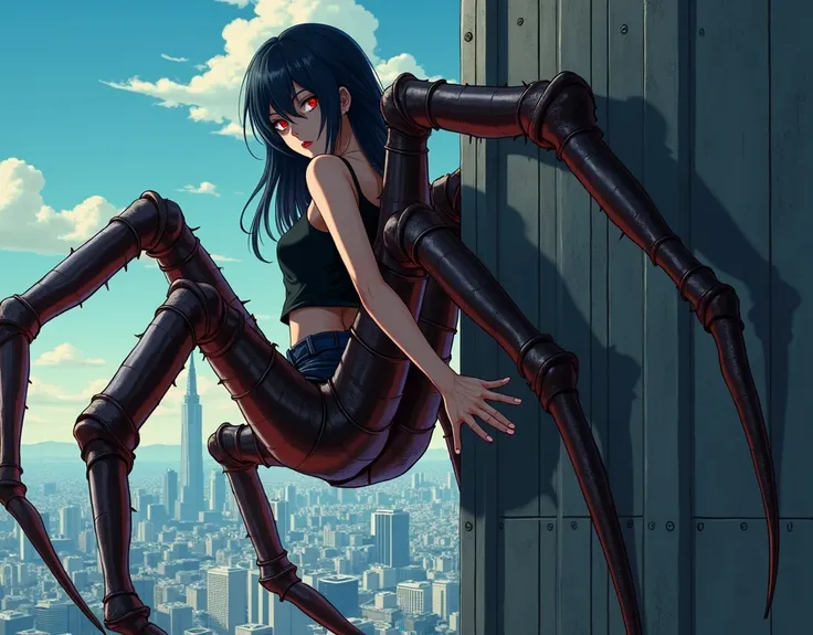 A full-body anime-style illustration of a female demon with her legs transformed into a spiders body, red eyes, and shes climbing a building, wearing a black tank top, and has long, straight, black hair with bangs. The background is Tokyo.