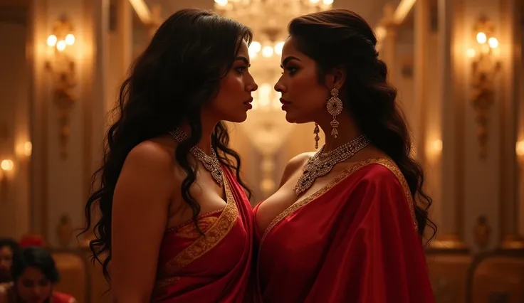 Two indian lesbian laying on each other staring hatefully each other both have sexy bodies curvey sexy figure very big boobs wearing party wear so sexy shiny black satin thin saari ,ultra HD 4k masterpiece realistic 8k HD quality masterpiece,superb effect 