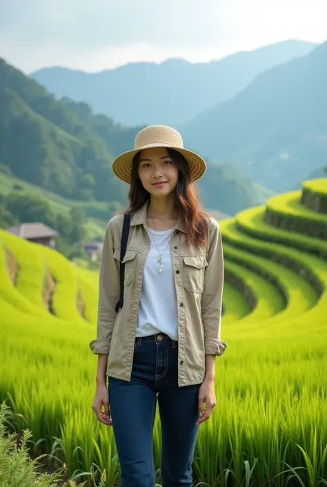 (absurdres, highres, ultra detailed, beautiful, masterpiece, best quality, )1 girl, BREAK Terraced rice fields, countryside, green landscape, traditional farming, mountain background, peaceful atmosphere, BREAK Comfortable clothes, hat, sunscreen, light ja...