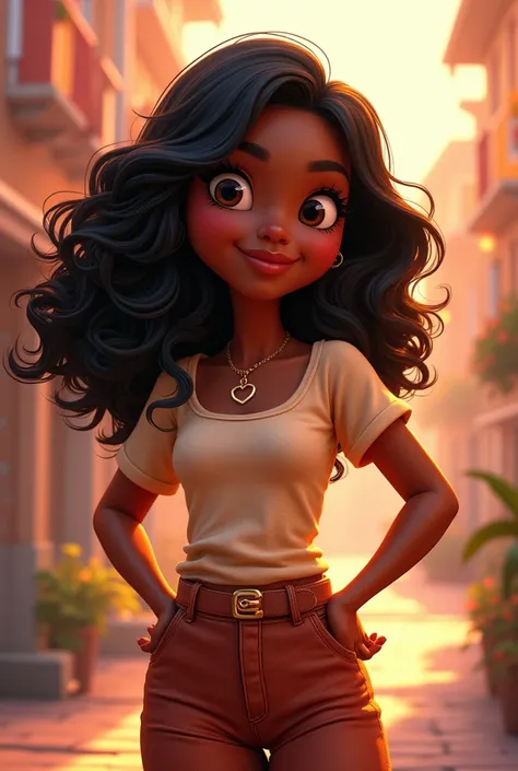 Create a Disney Pixar style character, a 19 year old girl, Bullish, black, wavy hair half curly, long black half brown, eyes the black ones, slightly plump lips