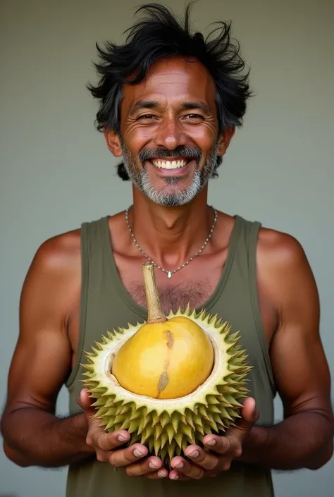 A tanned skin man smiling while holding a musang king durian