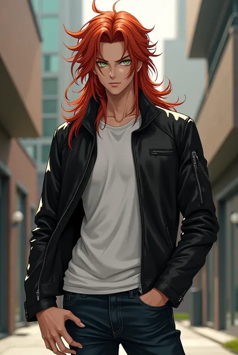 Imagine Kurama as a 20 year old, with long red hair that falls softly over her shoulders. His eyes are an intense green, reflecting his intelligence and serenity. He wears a black leather jacket that he pairs with a simple white t-shirt and dark jeans., gi...