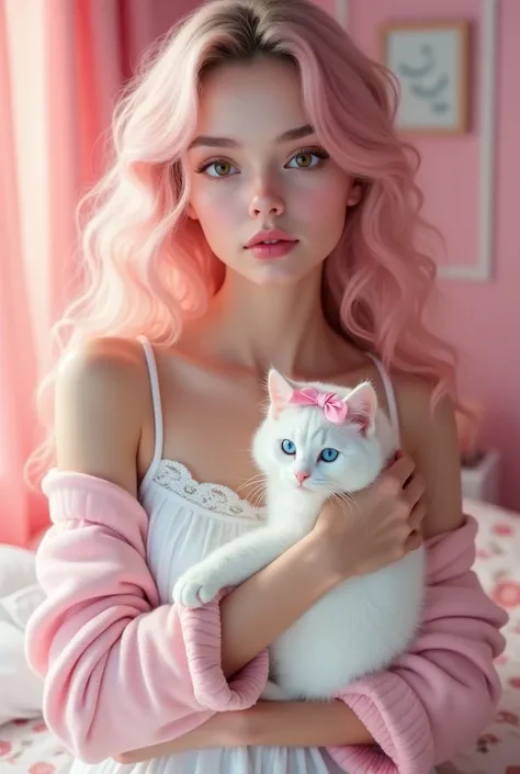 Teenage women,Light pink hair,Long curly hair,White Ribbon Man,Hazel eyes,Stationary face,White spaghetti strap dress,Pink sweater,Carrying a cat,White cat,Pink Bow Cat,Blue eyed cat,The background is a bedroom.,Pink Bedroom