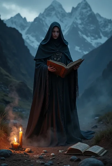 Witch woman covered face doing black magic in Andes mountains at night