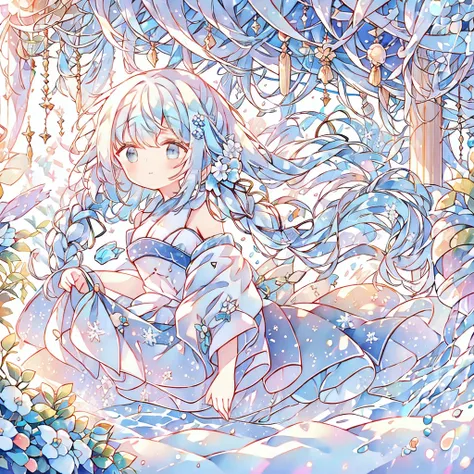 long hair, bangs, blue hair/light blue hair, snowflake hair accessories,twin tails,headpiece,