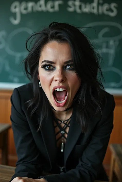 A sexy emo girl screaming in front of a classroom. A blackboard behind her says "Gender Studies" written in chalk