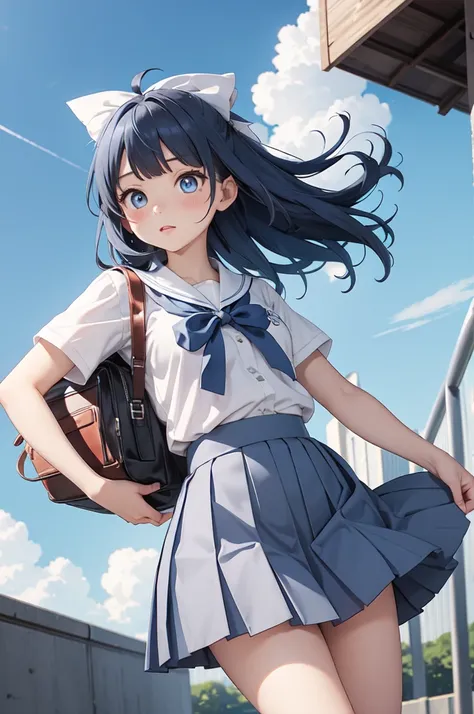 anna_yanami, skirt, blue eyes, blue hair, bow, shirt, ahoge, short sleeves, grey skirt, pleated skirt, school uniform