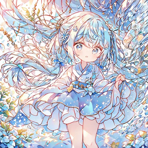 Long Hair, bangs, Blue Hair/Light blue hair, snowflake hair accessories,Twin tails,Headpiece, 