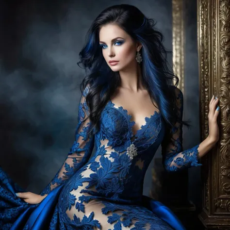 1 girl, (Emily Kell and Luis Royo, 3), official art, 8k wallpaper, full length, Ultra detailed, beautiful and aesthetically pleasing, (detailed dark blue hair with bright highlights, electric blue eyes with a little dark blue in the center, very detailed e...