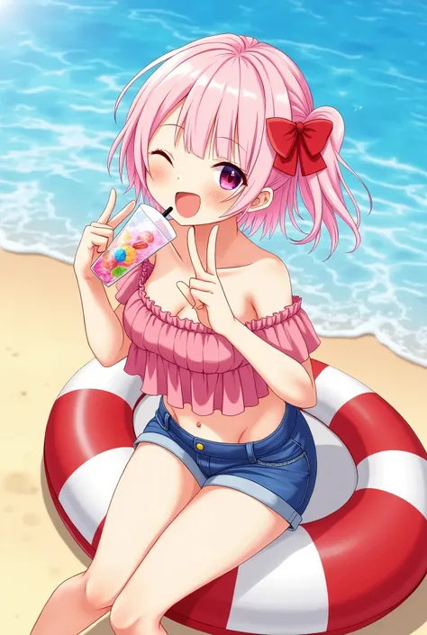 Girl with light pink hair,side ponytail on the right with a red ribbon attaching it with a pink ruffle top,at the beach,with jean shorts,winking and making a peace sign while drinking her drink on a floatie 