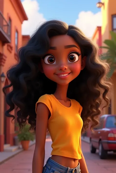 Create a Disney Pixar style character, a 19 year old girl, Bullish, black, wavy hair half curly, long black , eyes black, slightly plump lips, slim, Nose not so big