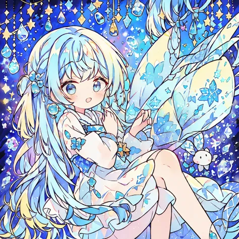 long hair, bangs, blue hair/light blue hair, snowflake hair accessories,twin tails,headpiece,