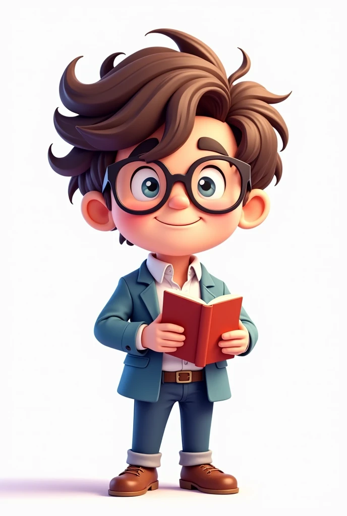 Create a pastel cartoon style chibi man teacher wearing a Glass, messy wavy hair, smiling holding a book. Make sure its vibrant with white background. Ensure that all elements is center 