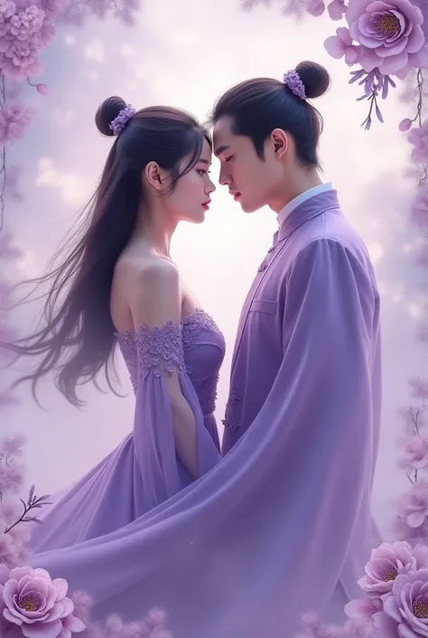 Make a poster for Korean actress Kim Jiwon(girl) and korean actor Kim Soohyun(boy) that is similar with Chinese Action Romance Fantasy shows. Make it lavender themed