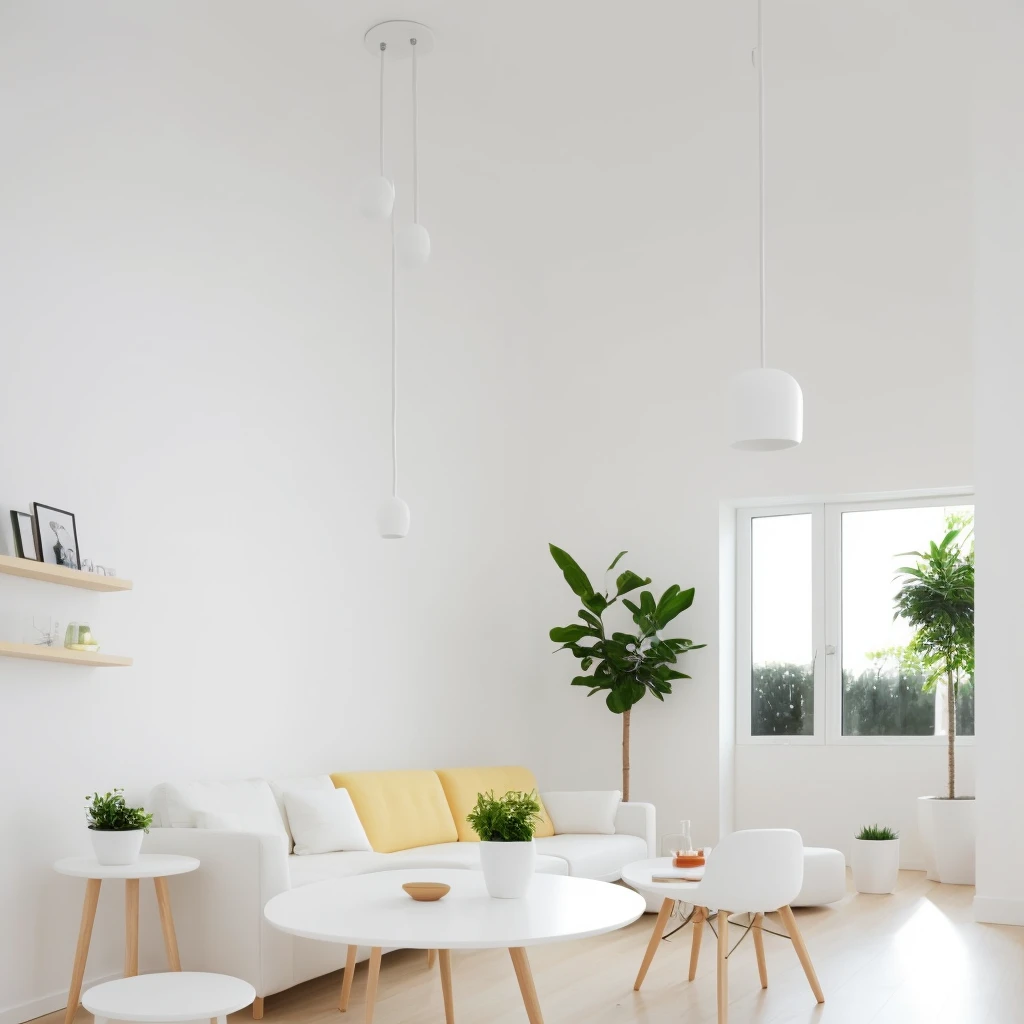 A modern living room interior with a minimalist design. The room features a yellow couch sofa with one white pillows, positioned against a white brick wall. Next to the sofa, there are small round wooden tables with decorative items, including a small pott...