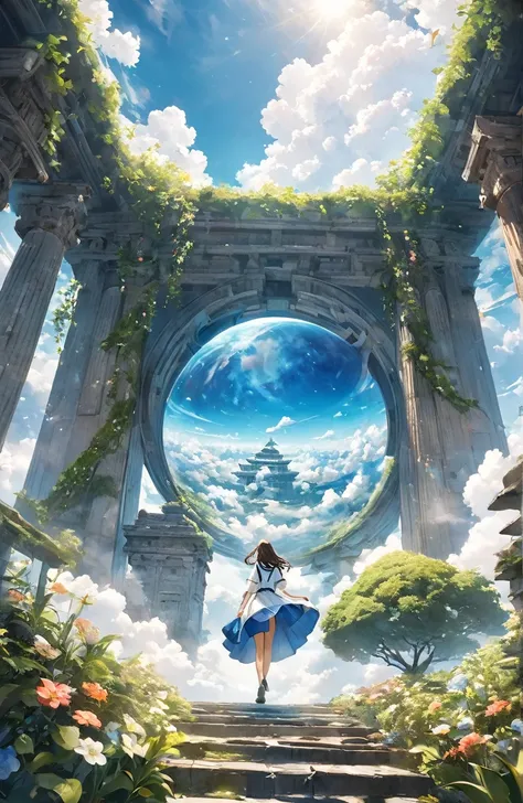 Mystical Feelings、cute１７Beautiful girl of the year、Walking above the clouds,Walking in the sky、A garden towering into the clouds、超High resolution, High resolution, 4K, 8k,close,、Hanging Garden、Girl in the sky、、Atmosphere、Surrounded by clouds、The blue world...