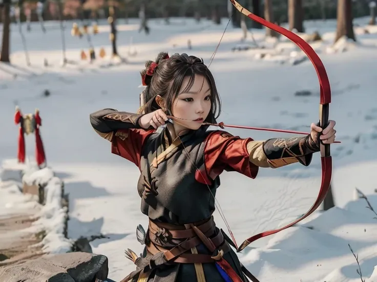 front view ,  a chinese female warrior, (1 girl is  drawing a bow and arrow, showcasing both eastern archery styles:1.3),