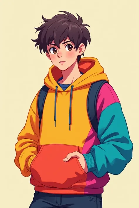 Create a character,of 13-17YO,wears hoodie,colours used should be vibrant.the art syle should be simple.Character should be a male and the art syleshould be 2d 


