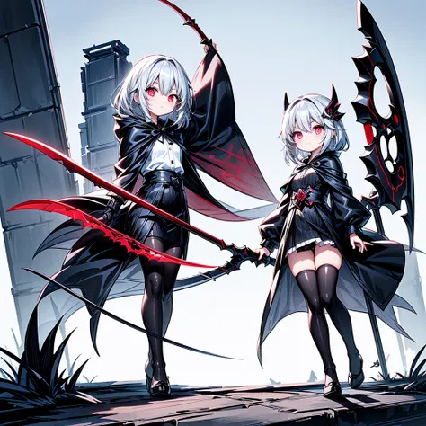 the cover image of the manga, gray grim reaper scythe, features a cute girl with waist-length white hair and ruby red eyes, stan...