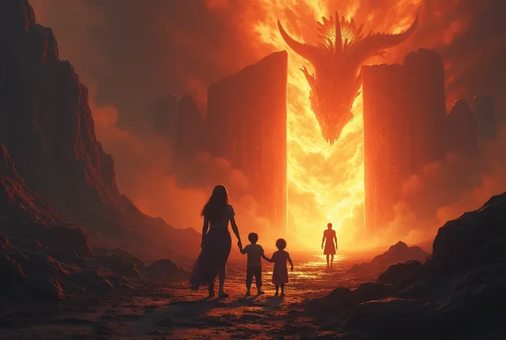 A landscape. A mother and her Kids are playing far away, very close to the firey gates of hell. They are aproaching the dragon. A father is standing uninvolved in the distant glory of heaven, watching from afar