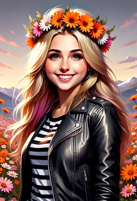 the image is a digital illustration of a young girl with long blonde hair.. she is wearing a black leather jacket with a striped...