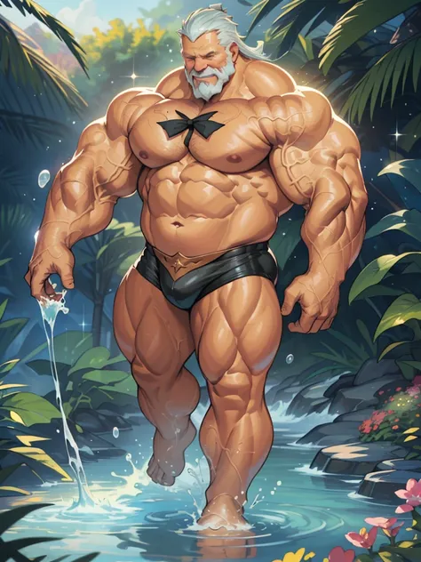 ((((((1man,solo,male)))))) ((FULL BODY POSE)) ((GIGACHAD, MASSIVE MUSCULAR BODY)) ((( HUGE MUSCLE, OLD MAN, PECTORAL, HUGE ARMS, BIG THIGH, SEXY POSE))) | FLOATING IN THE WATER WITH STARS (SPARKLE) (FLOWER) BACKGROUND IS BLUE SKY ((PARADISE)) | FULL BODY, ...