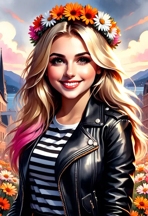 the image is a watercolor style digital illustration of a young girl with long blonde hair.. she is wearing a black leather jack...