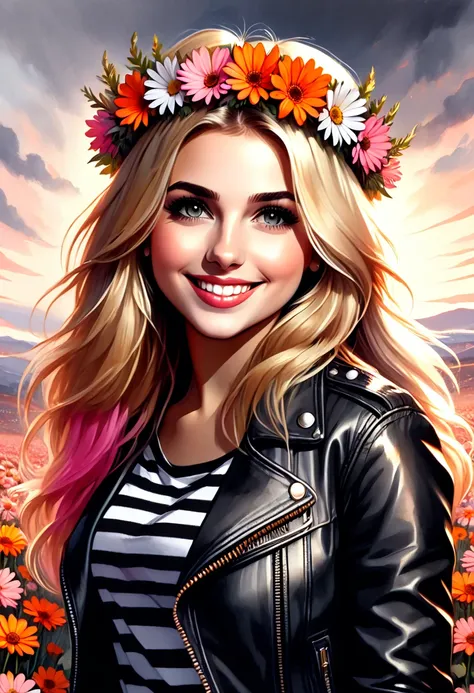 the image is a watercolor style digital illustration of a young girl with long blonde hair.. she is wearing a black leather jack...