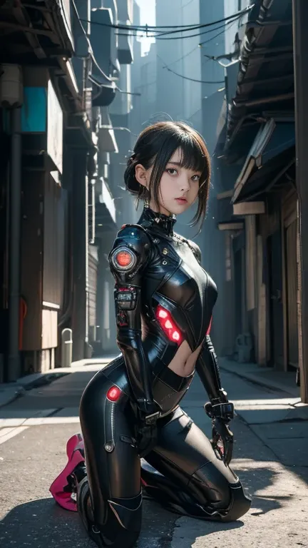 high quality、masterpiece, Too much exposed skin, Beautiful Teen, Sitting or kneeling, skinny, small skinny girls, Cute Face, ((cyber punk)), ((赤色レザーのcyber punkの服を着る)), , futuristic cyber punk, Innocent, Playful, Famous Japanese actresses, Very beautiful fa...