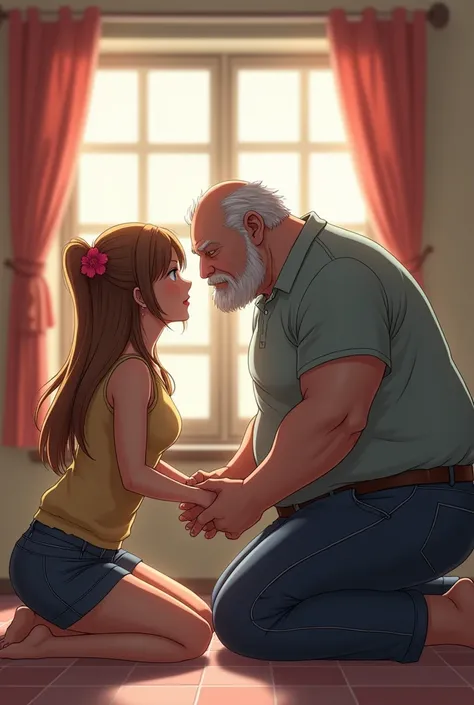 Make a milf anime character giving a blowjob to a fat old man she is kneeling in front of the fat old man giving a blowjob to the old man 