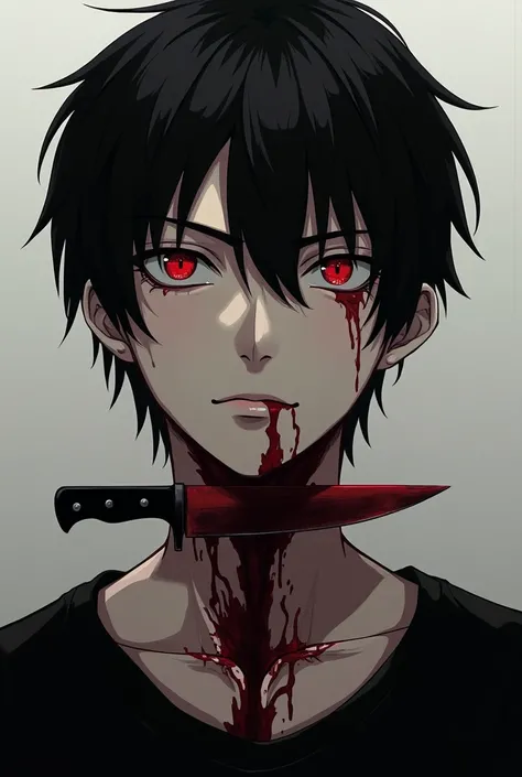 Anime man, holding a knife stabbed in his throat, mouth close, red eyes staring coldly, short black hair, black painted nails, blood on his face, black shirt