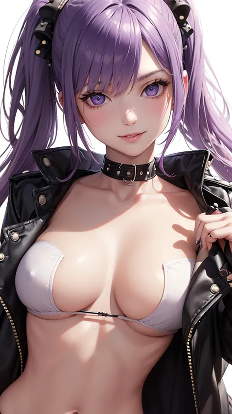 Best Quality,High resolution,8k,(plain white background, no patterns, no textures, just a plain white background:1.3),Masterpiece:1.2),beautiful girl,Big Breasts,(Glossy, deep purple hair:1.3),bob cut,Beautiful purple eyes,A girl wearing a black leather ja...