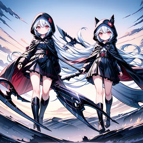 the cover image of the manga, gray grim reaper scythe, features a cute girl with waist-length white hair and ruby red eyes, stan...