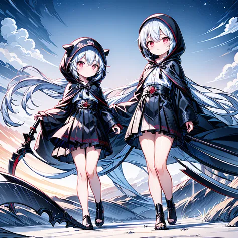 the cover image of the manga, gray grim reaper scythe, features a cute girl with waist-length white hair and ruby red eyes, stan...