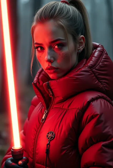  a slim ponytail 16 year old angry sith wielding her bright lightsaber, she is battling her slim nemesis,beautiful detailed bright fire-eyed eyes,beautiful freckles,beautiful detailed lips,extremely detailed eyes and face,longeyelashes, wearing beautiful d...