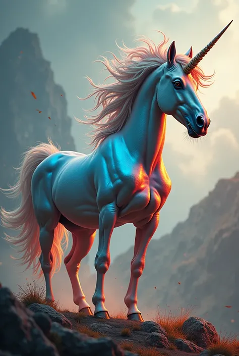 Imagine a bright and majestic unicorn, with a coat of iridescent colors, who is clearly agitated and struggling mightily.fullshot 8k. cinematic collor