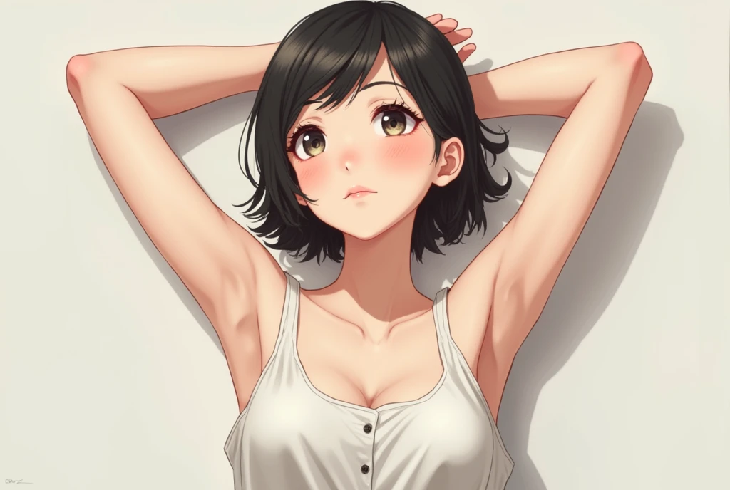 anime woman, wearing a sleeveless buttoned shirt, raising arms and showing her underarms. detailed close up of armpits .
