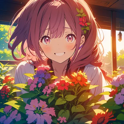 kawaii, anime, Cute, hyper quality, highly detailed, 8k, Clarity, Draw facial expressions in detail, Girl with long dark brown hair and green eyes, red salvia flowers, salvia in planter, whole body, love, smile, A young smiling girl with pale pink scarlet ...