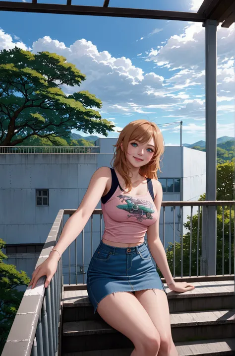 realistic anime illustration young woman is sitting behind him is posing, her hand is touching a balcony rail, she has shoulder length hair (brown hair , dyed blonde hilighted tip of hairs) , wears blue denim pencil skirt, BREAK, (1girl, solo, full body), ...