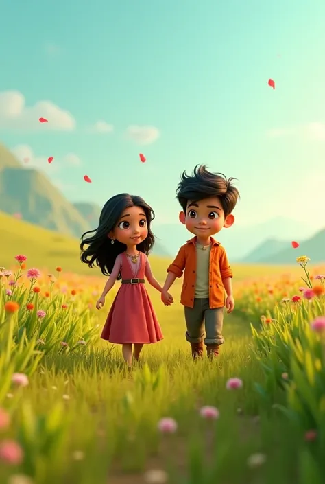 In cenamatic 3d cartoon style "A view of Muskan and Aryan walking through a lush green field, surrounded by tall crops and colorful flowers. They are side by side, their hands brushing lightly."