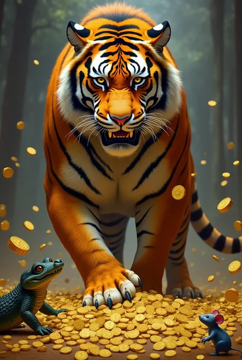 a tiger with a lot of money in his hand, surrounded by coins pointing forward, where an alligator and a little mouse watch