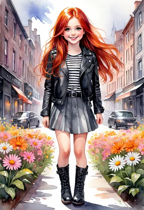 the image is a watercolor style illustration of a young girl with long red hair. she is wearing a black leather jacket with a st...